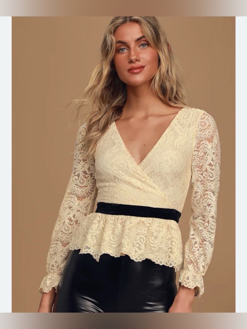 Ali & Jay Andie Cream Lace Long Sleeve Peplum Top XS